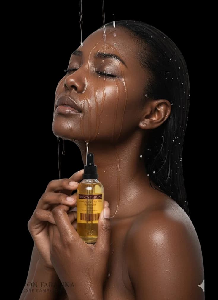 A model applying facial oil, skin catching the light