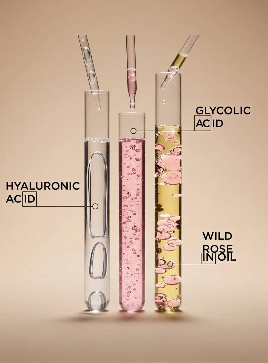 Three vials naming hyaluronic acid, glycolic acid and wild rose oil