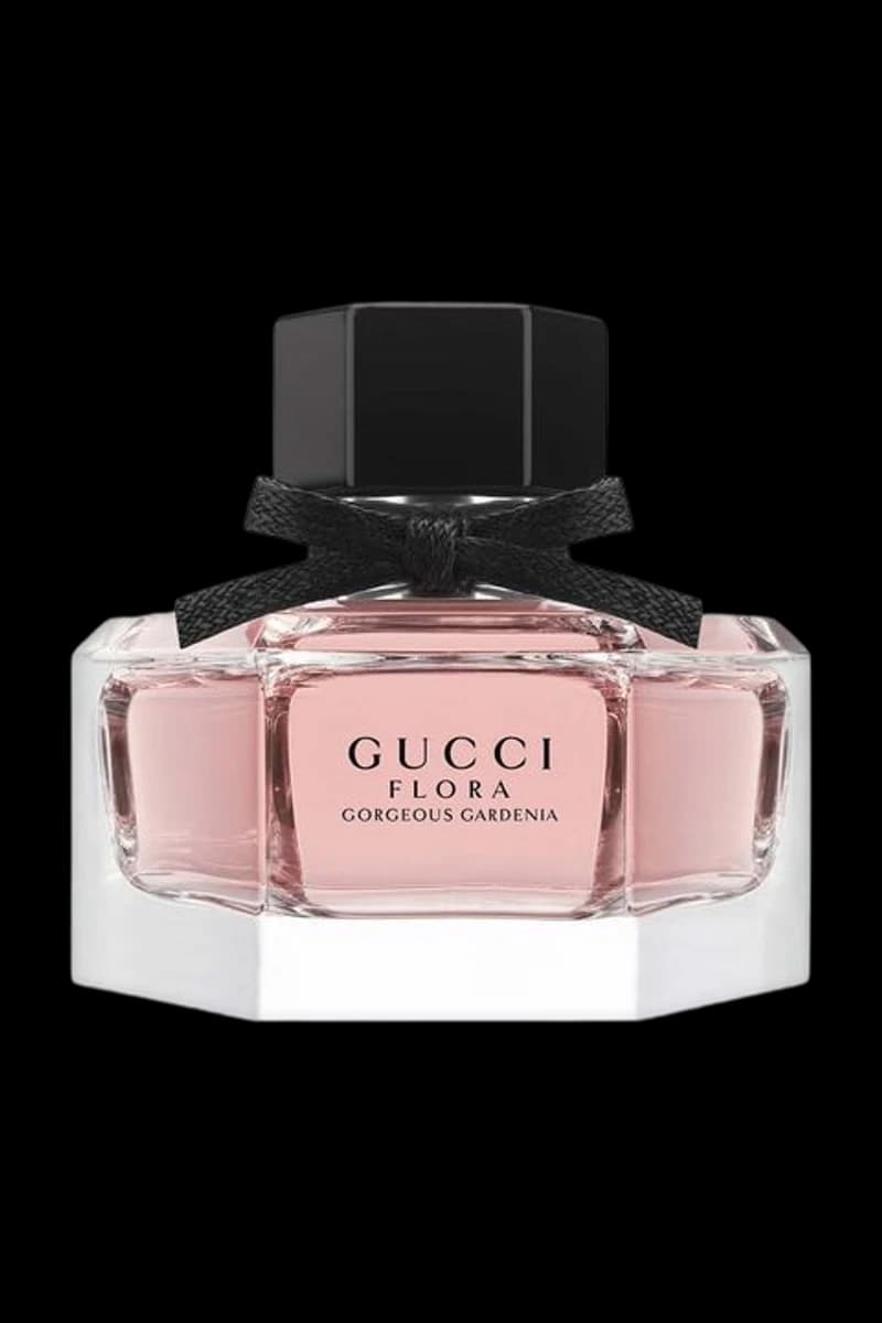 A faceted glass flacon of Gucci Flora eau de parfum