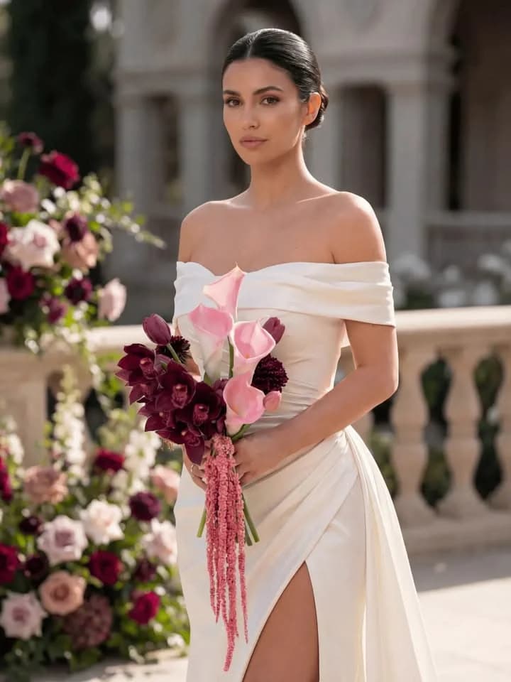 A bride in ivory holding a burgundy and blush calla lily bouquet