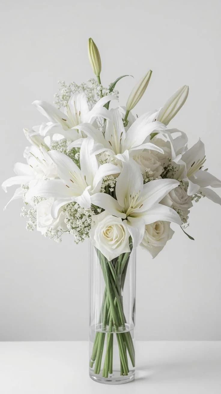 White lilies and gypsophila in a tall glass vase