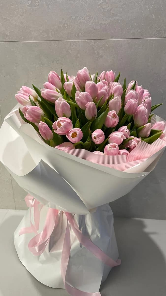 Pink tulips in a pleated white and pink wrap