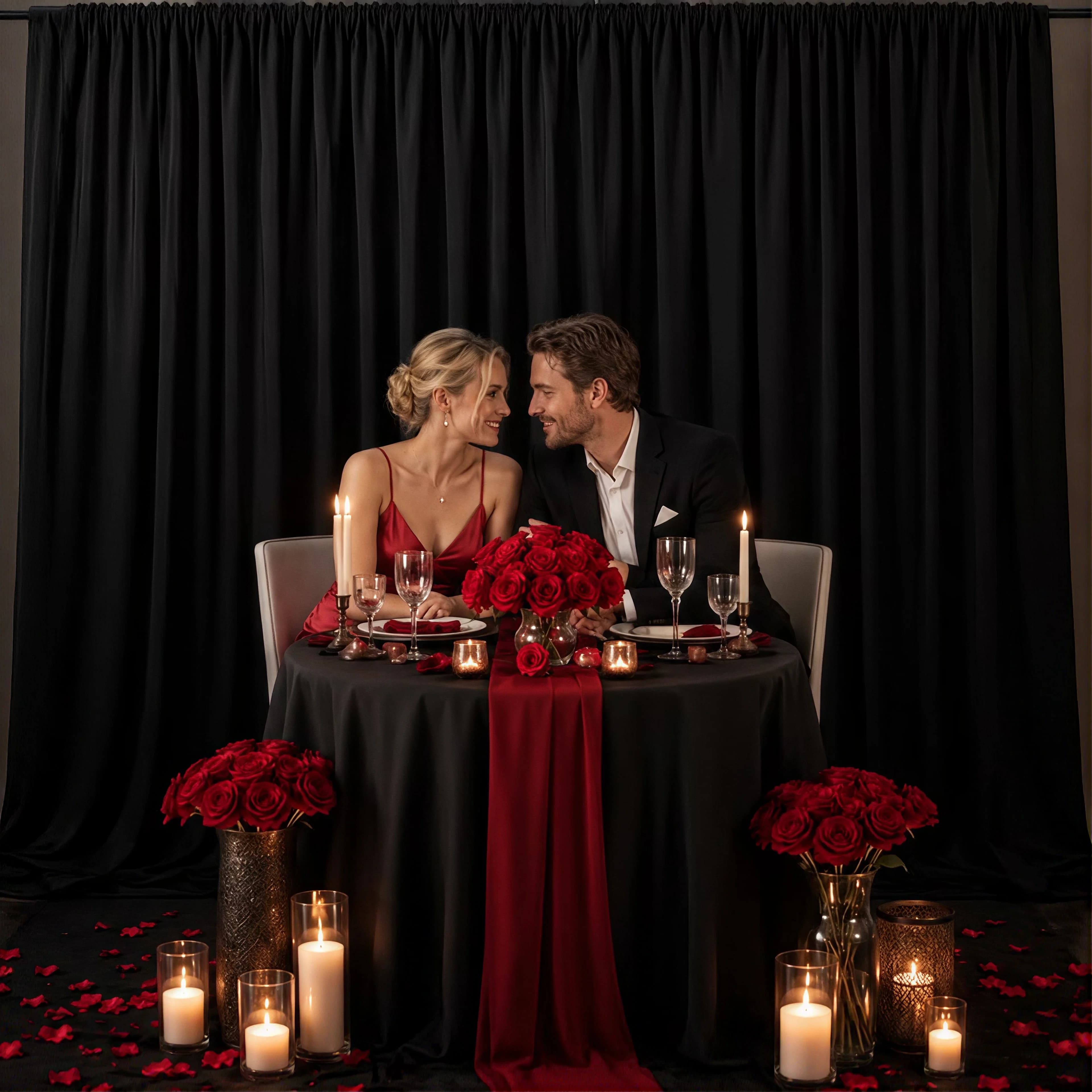 A couple at a candlelit table behind a low bowl of red roses