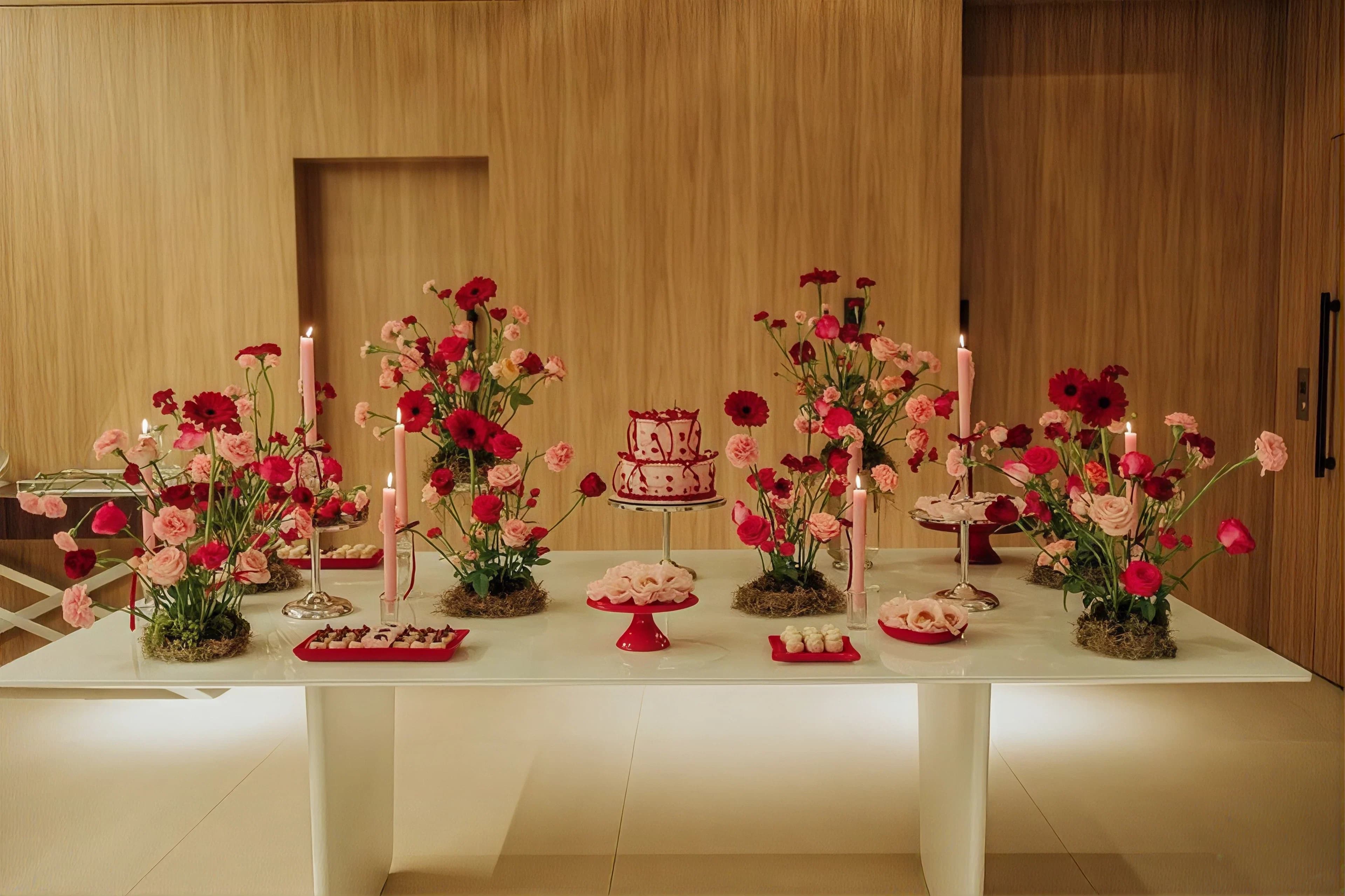 A long birthday table dressed in red and pink blooms behind a tiered cake