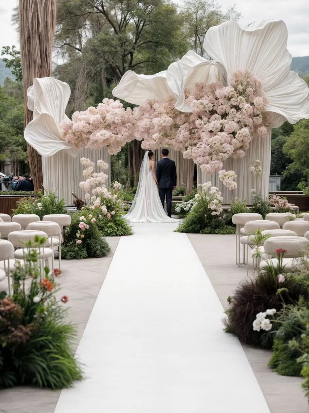 A blossom-draped ceremony arch at the end of a white aisle, the couple beneath it