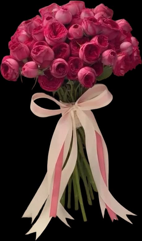 A hand-tied bunch of deep crimson roses with trailing blush ribbons