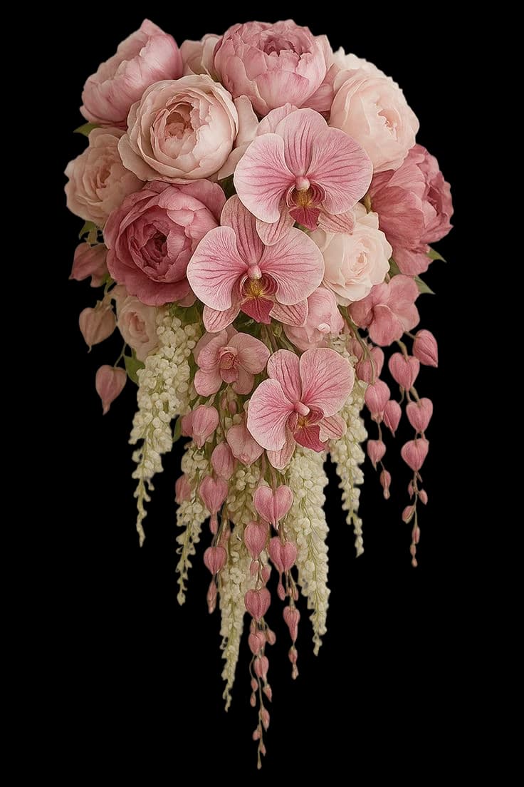 A cascading bridal bouquet of blush orchids, roses and amaranthus