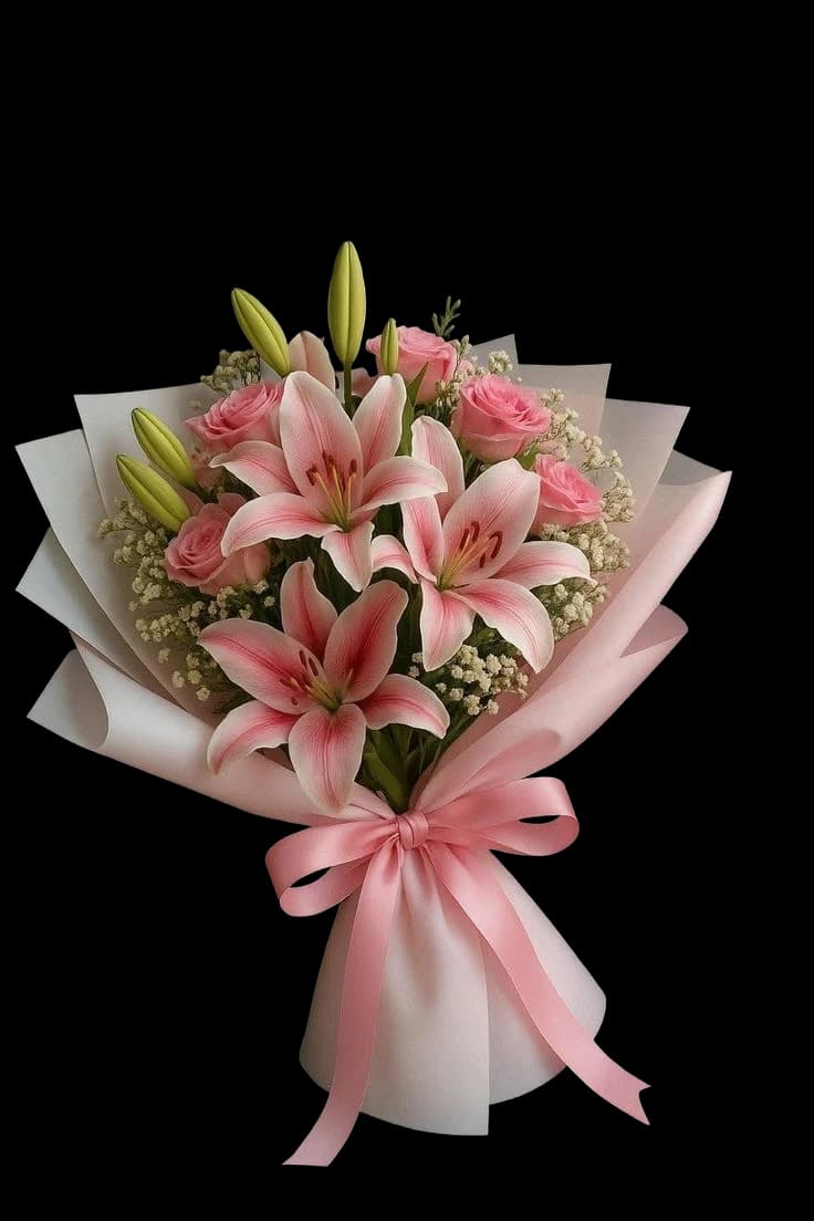Pink stargazer lilies with a pink satin bow