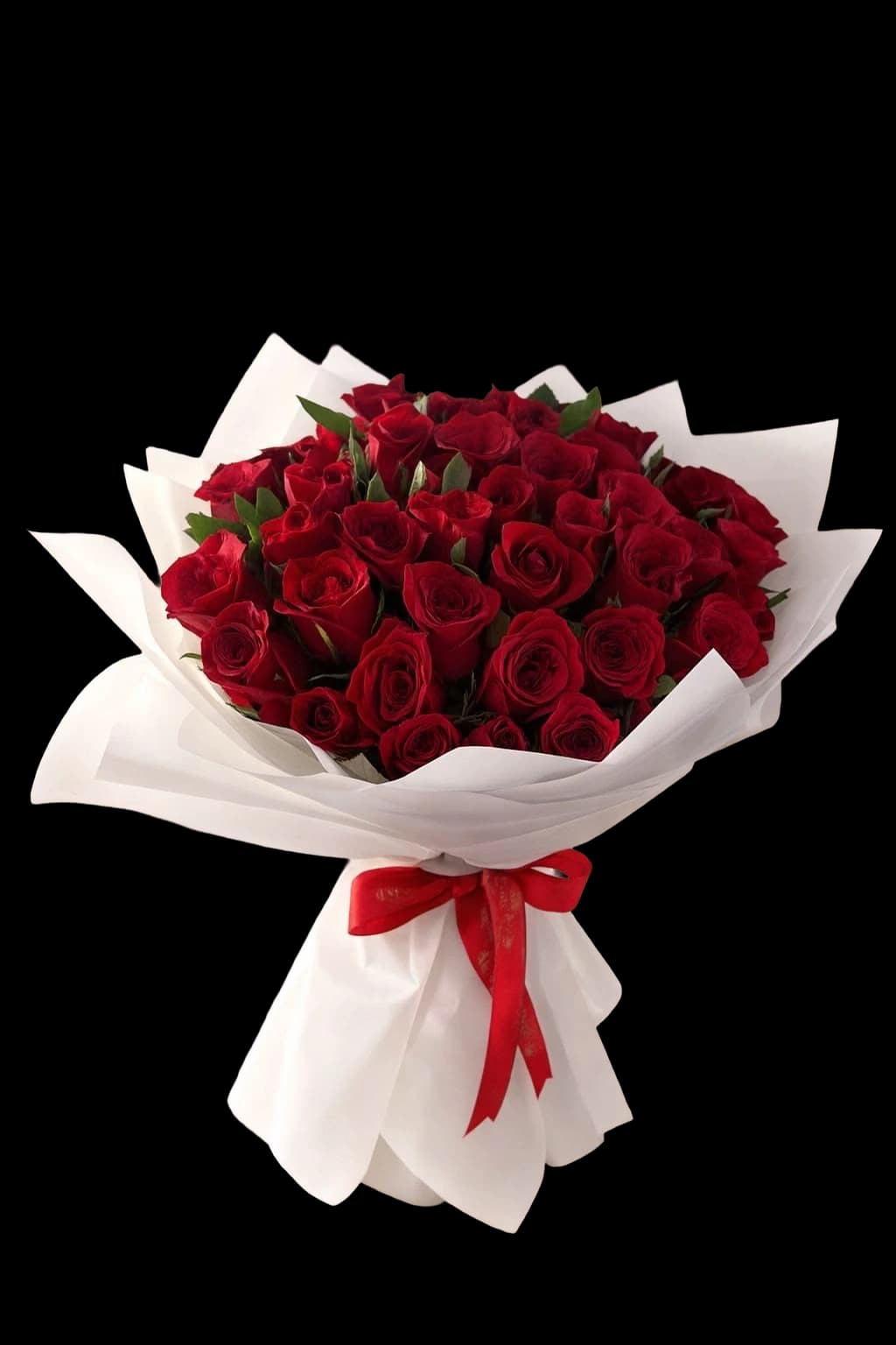Deep red roses in a white collar with a red bow