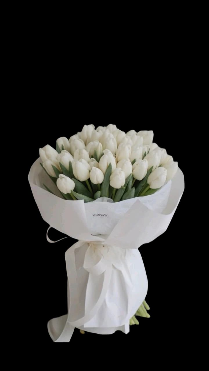 A spiral bunch of white tulips in a matte white wrap