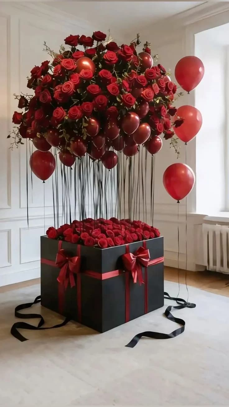 A giant black gift box packed with red roses under red balloons