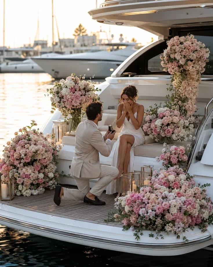 A proposal on a yacht deck banked with pink and white roses