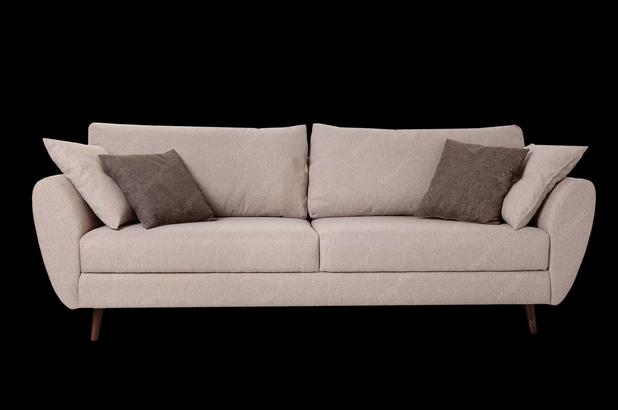 A three-seat sofa in oatmeal bouclé, dressed with linen and charcoal cushions