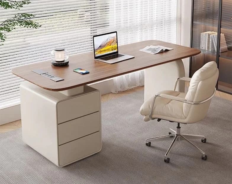 A white desk and cream task chair against a bright window