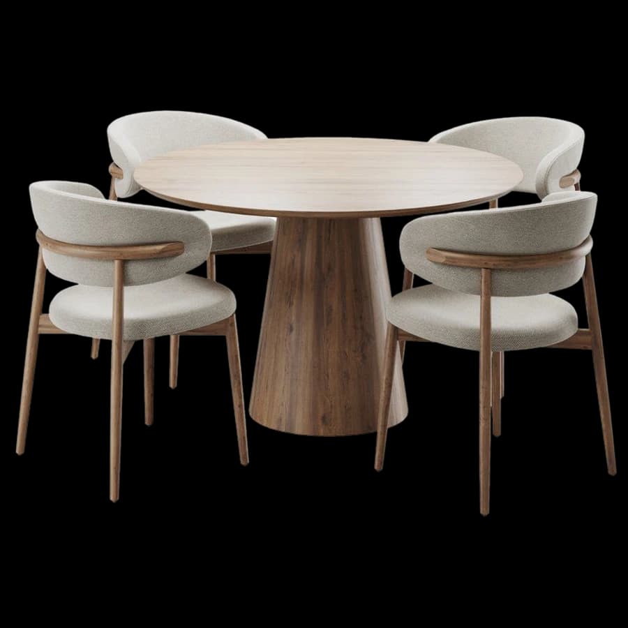 A round oak dining table with four pale bouclé chairs