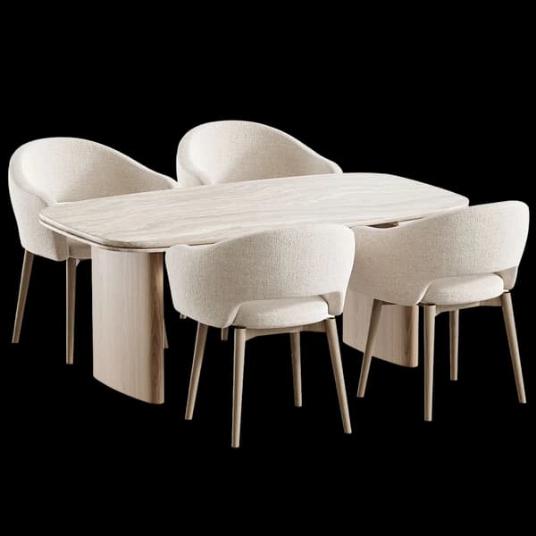 An oval dining table with four sculpted white chairs