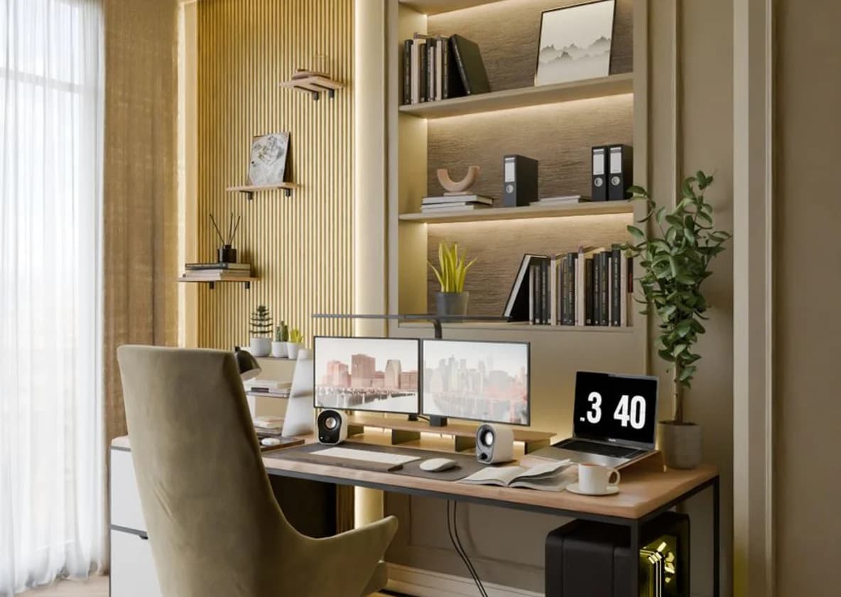 A fluted-oak home office with backlit shelving and a velvet chair