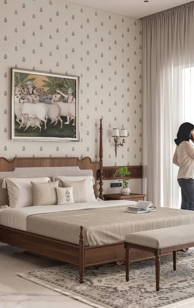 A made bed under a framed painting