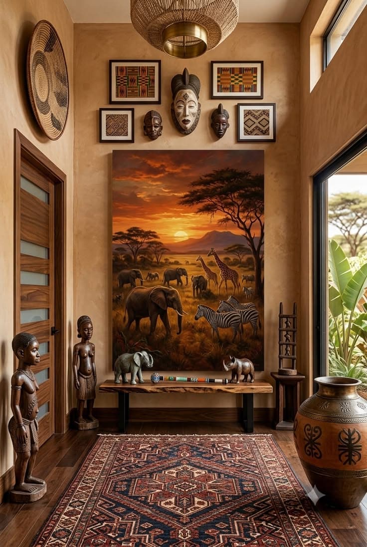 A lamplit room hung with African art