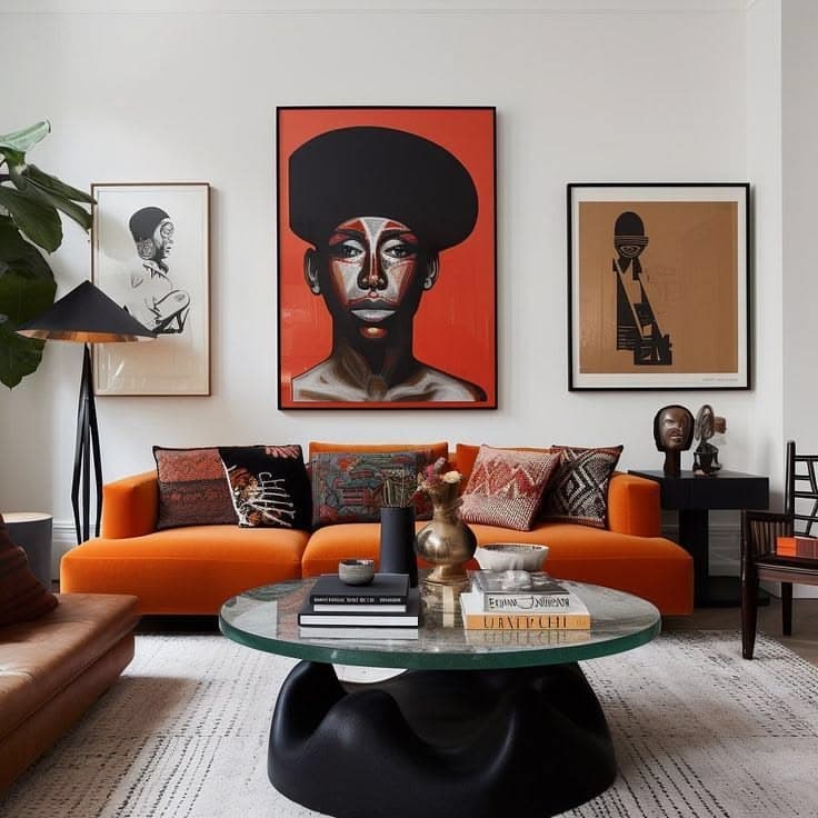 A burnt-orange sofa under framed prints