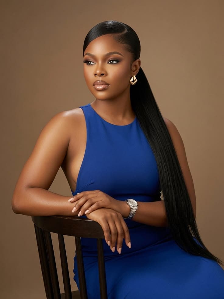 A model in a cobalt dress, styled with gold