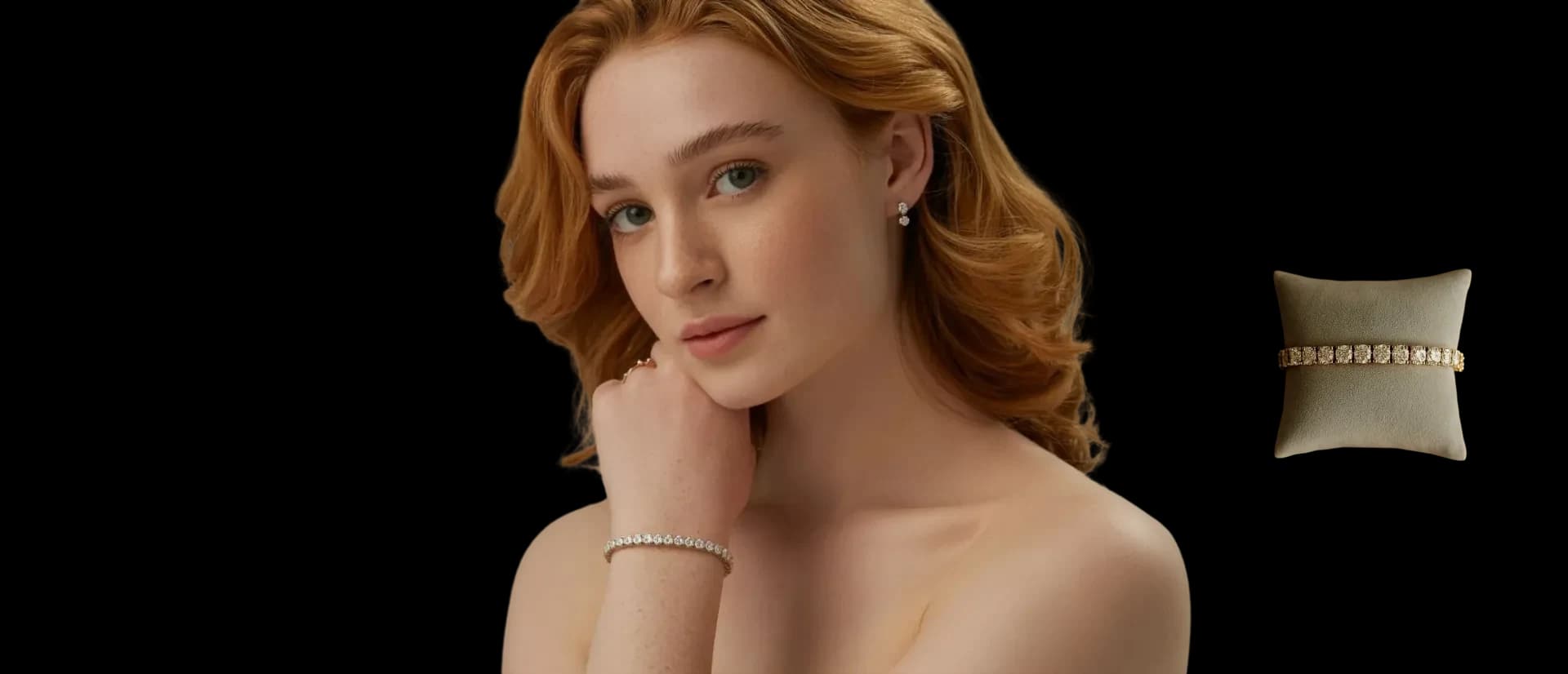 A model wearing a tennis bracelet, a second shown on a display cushion