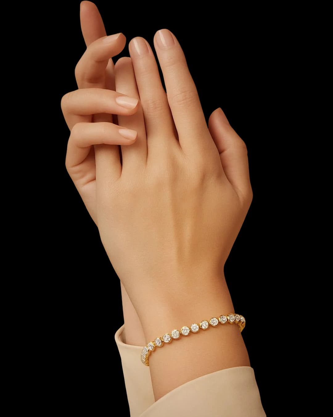 A diamond tennis bracelet on a raised wrist