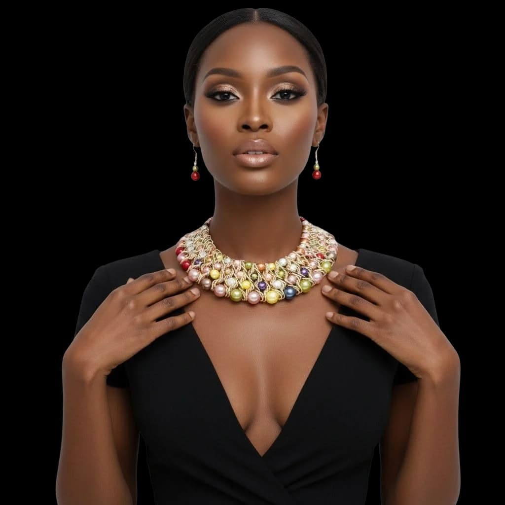 A model holding a beaded pearl collar with matching drops