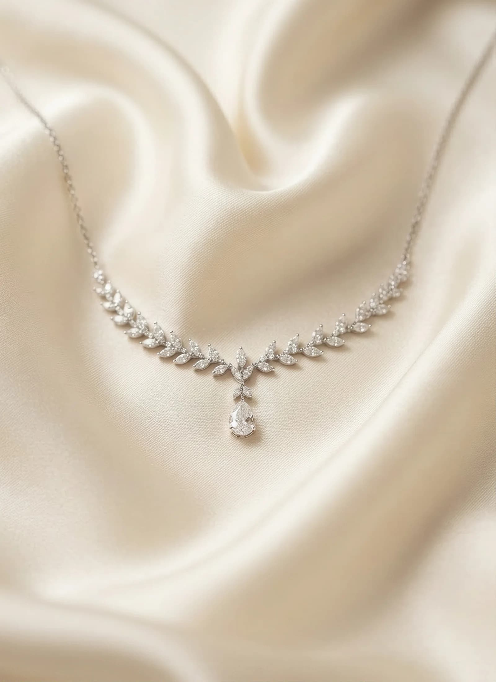 A marquise diamond necklace laid on ivory silk