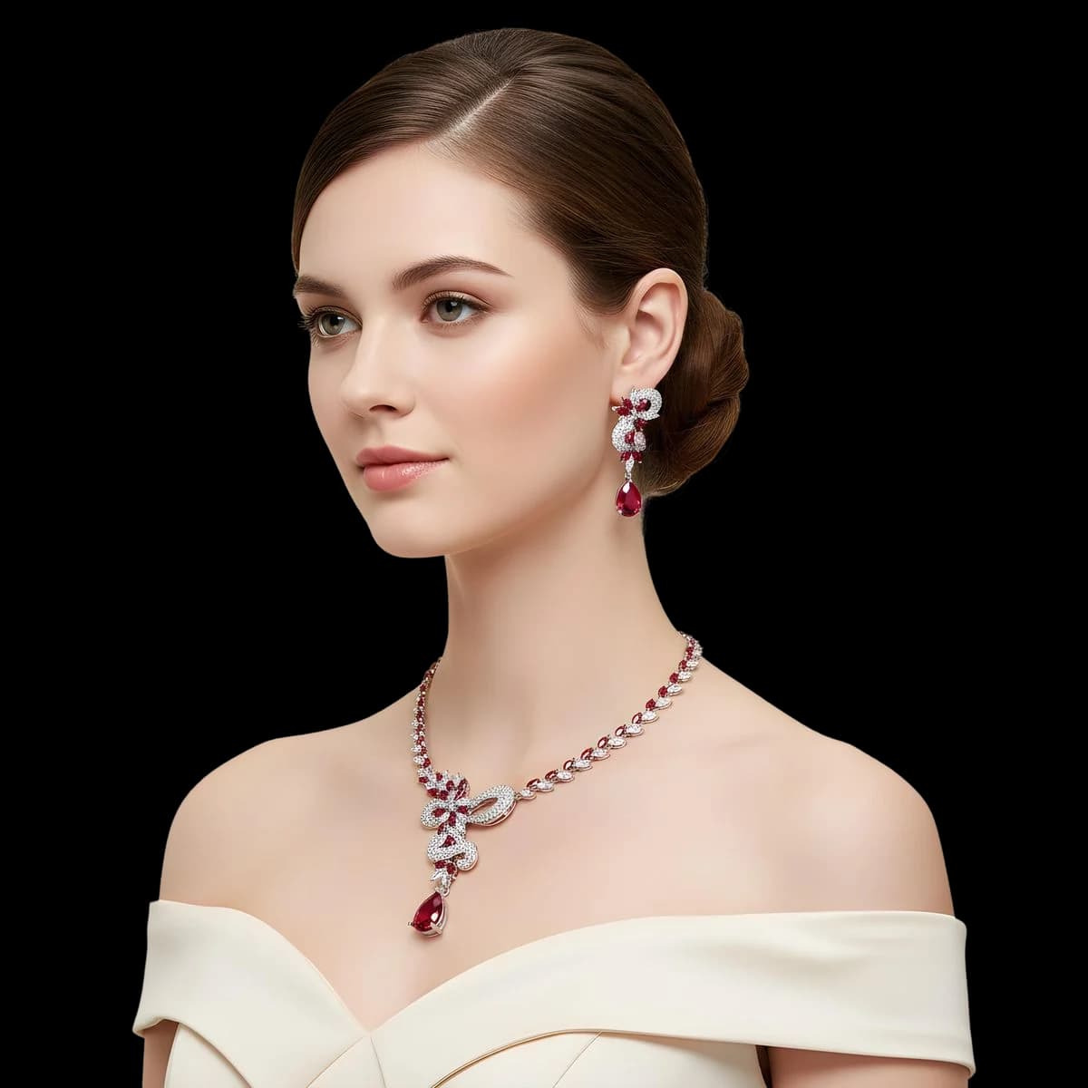 A model in a ruby and diamond necklace with matching drops