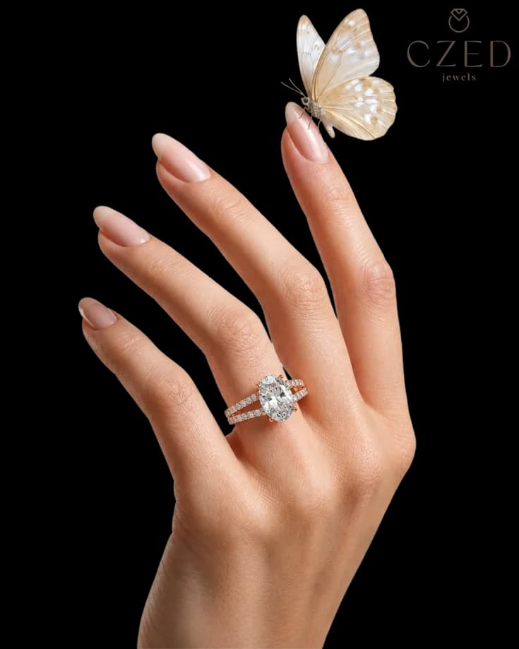A solitaire ring on a raised hand, a butterfly at the fingertips