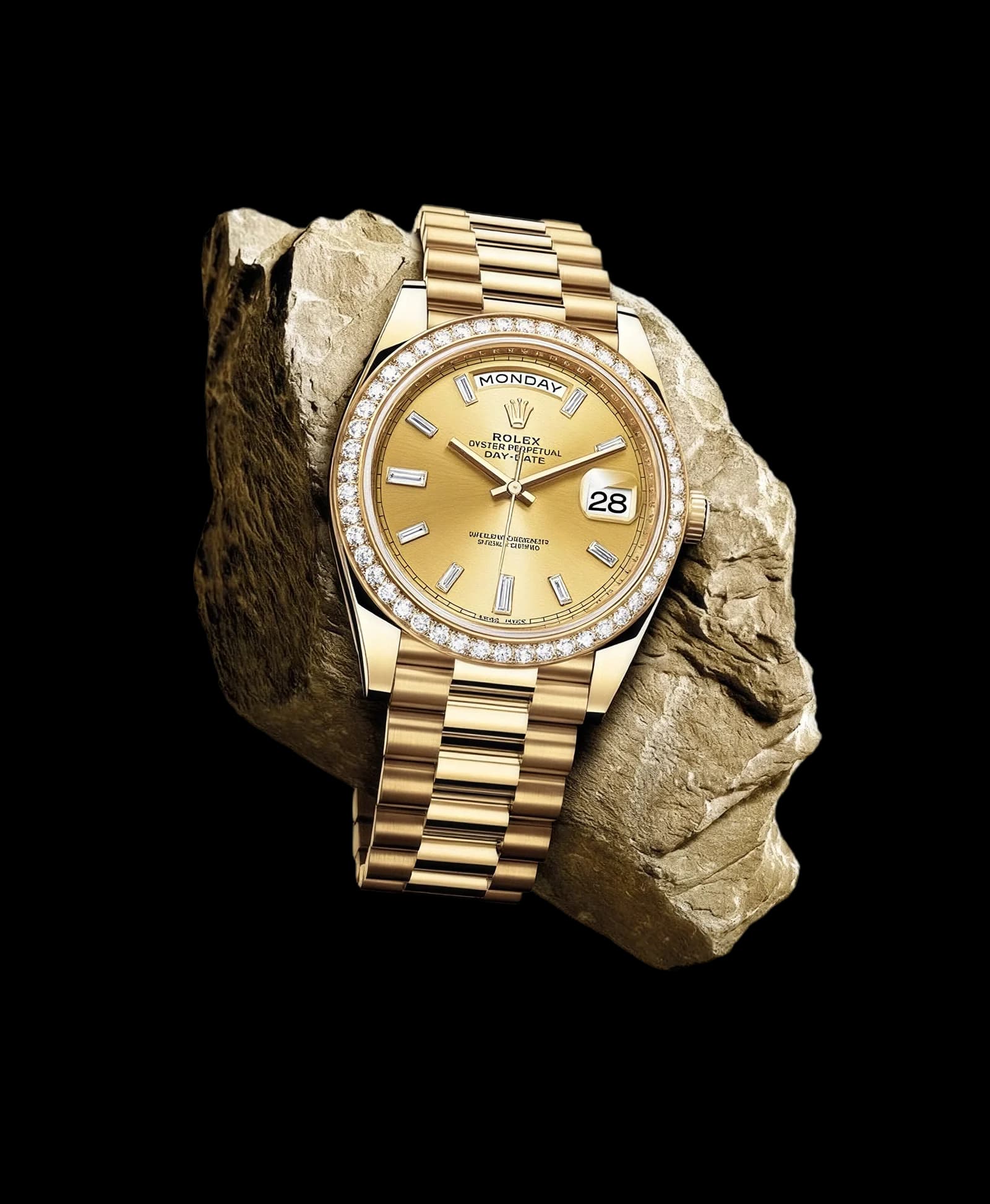 A gold day-date watch propped against a raw stone