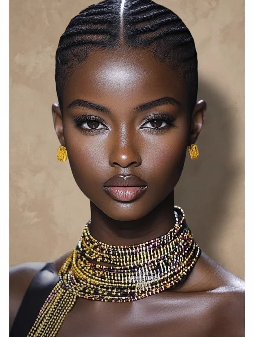 A model in a many-stranded gold bead collar