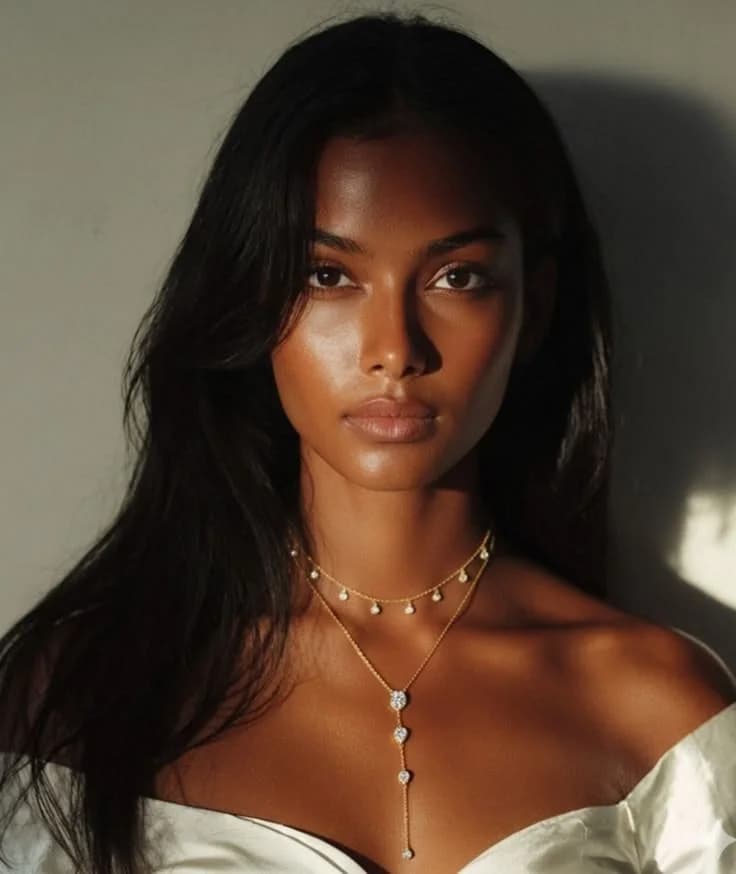 A model in layered fine chains against a shadowed wall