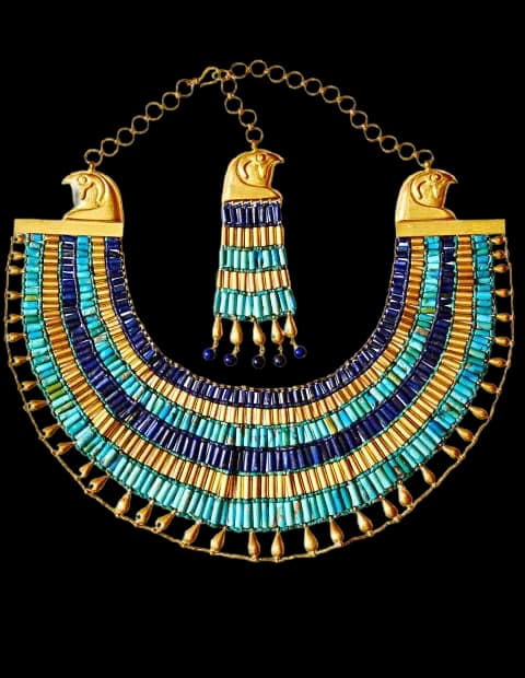 A broad beaded collar in turquoise, lapis and gold