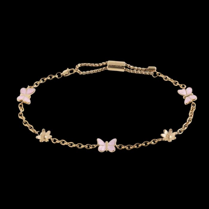 A fine gold anklet strung with pink enamel butterflies