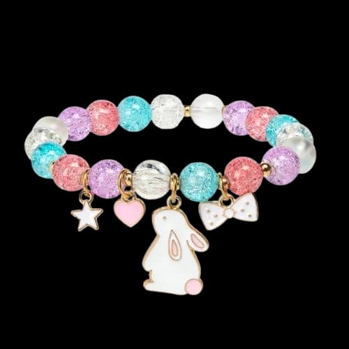 A pastel beaded bracelet hung with charms