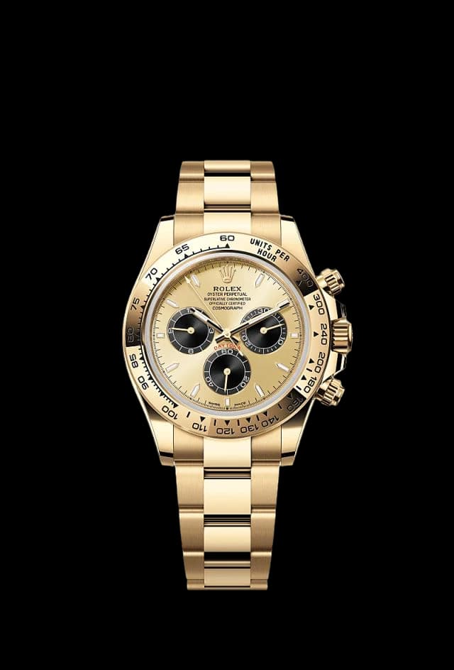 A gold chronograph on a link bracelet