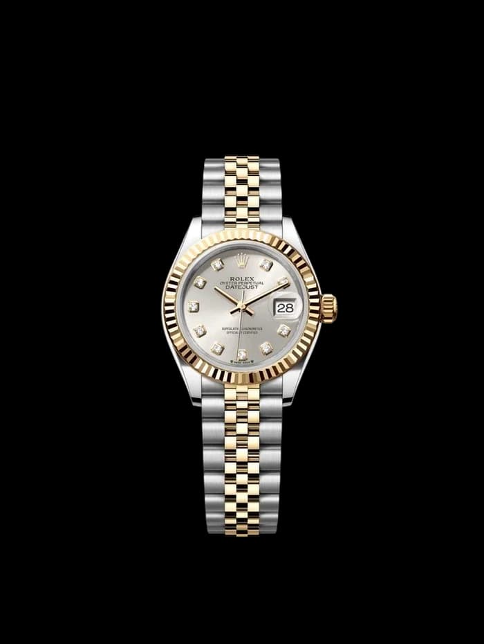 A two-tone ladies watch on a bracelet strap