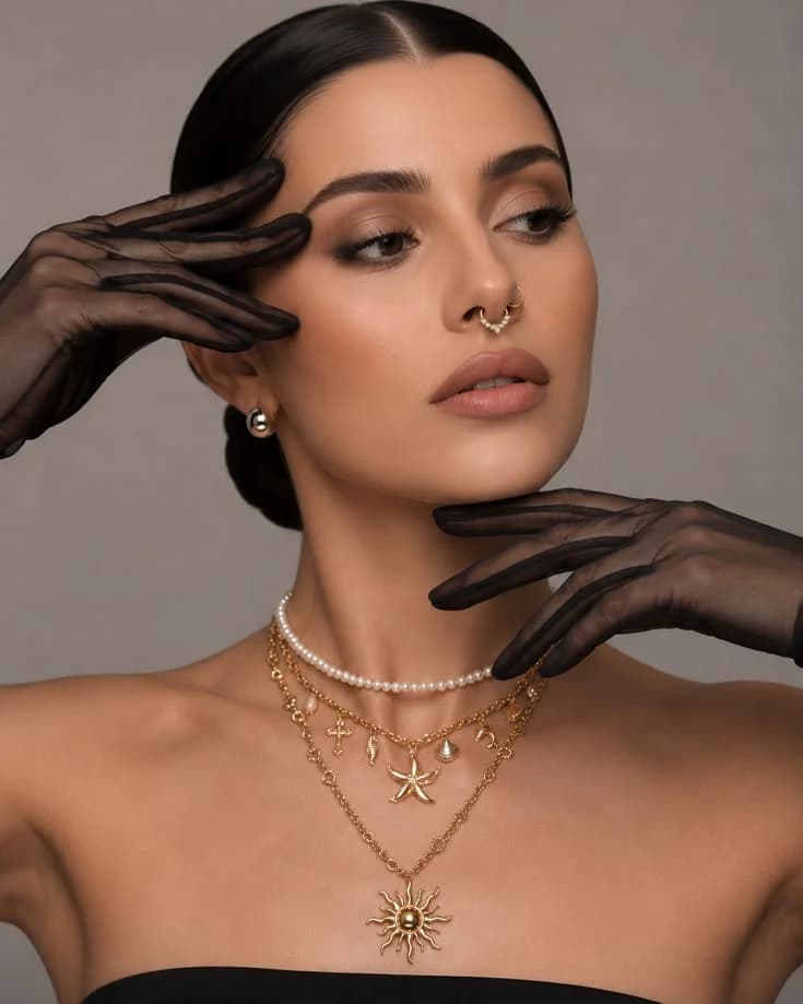 A model in layered gold chains with a star pendant