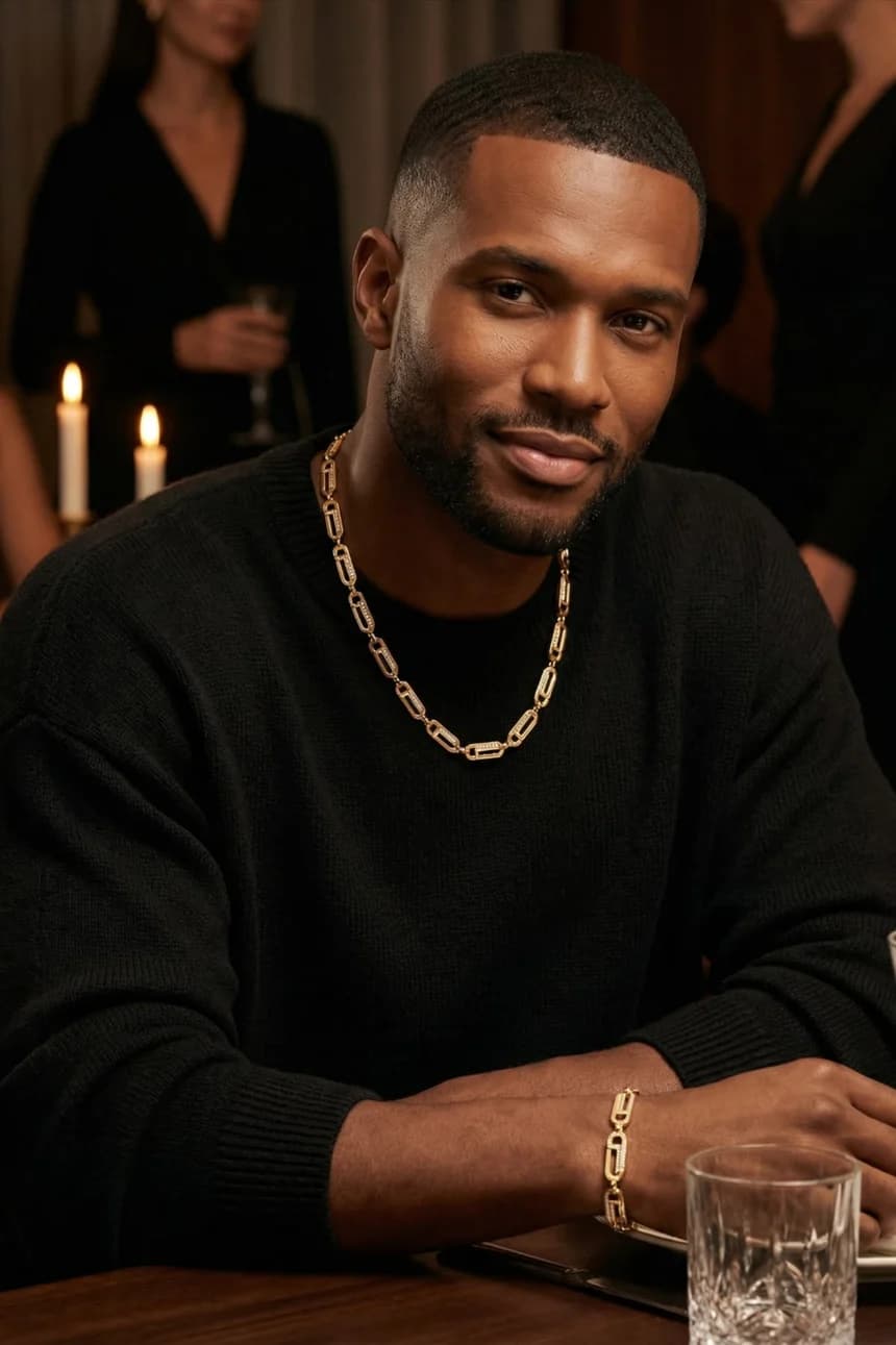 A man in a heavy gold chain at a candlelit table