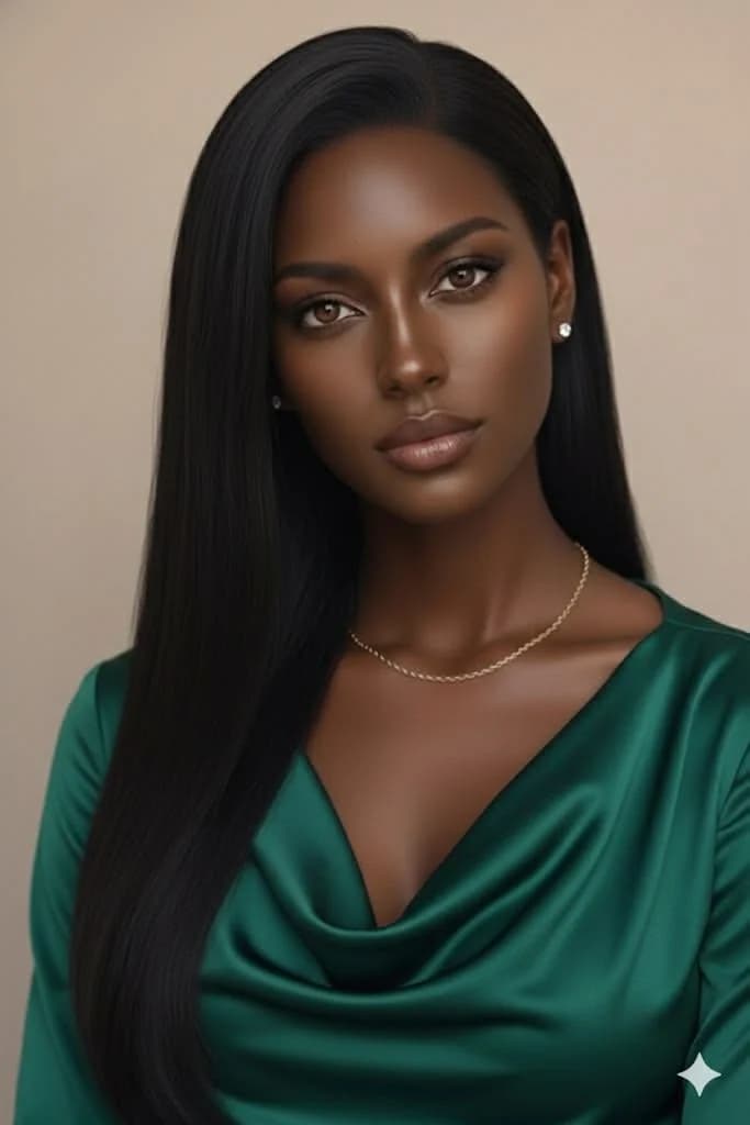 A model in green silk wearing a fine gold chain