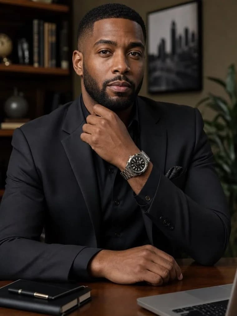 A man in a dark suit showing a steel dive watch