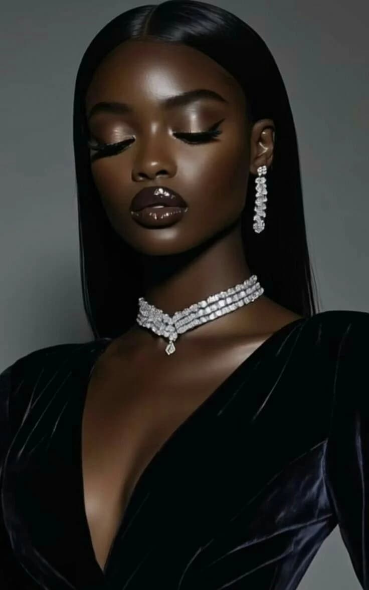 A model in velvet wearing a diamond choker and long drops