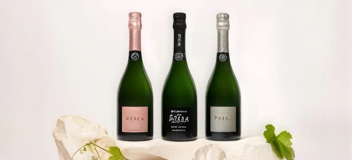 Three sparkling wine bottles on folded linen with a sprig of grapes
