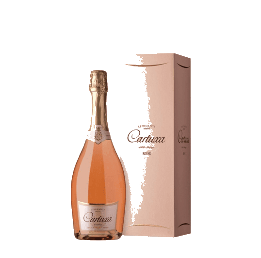 A rosé champagne bottle beside its blush carton