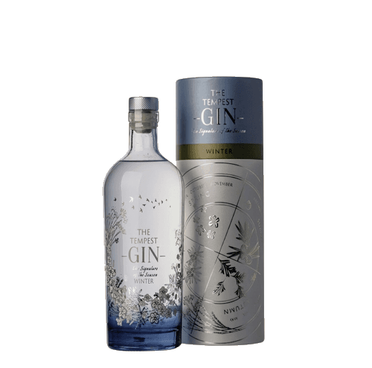 A faceted gin bottle beside its printed tube