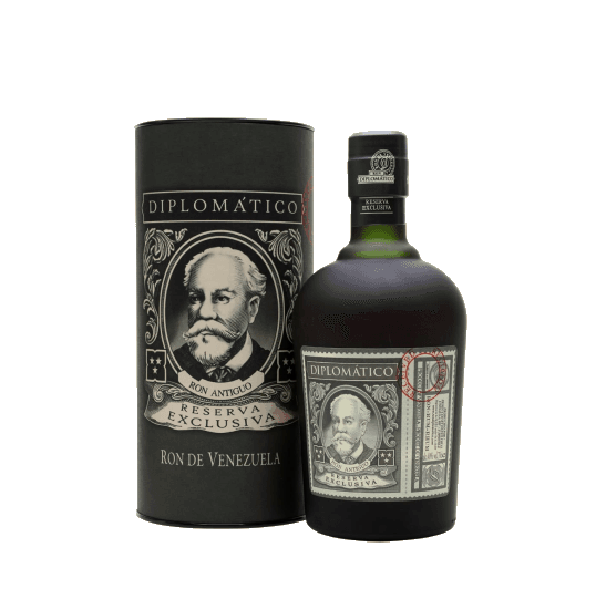 A dark rum bottle beside a labelled presentation box