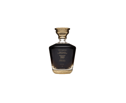 A squat dark decanter with a ribbed gold stopper