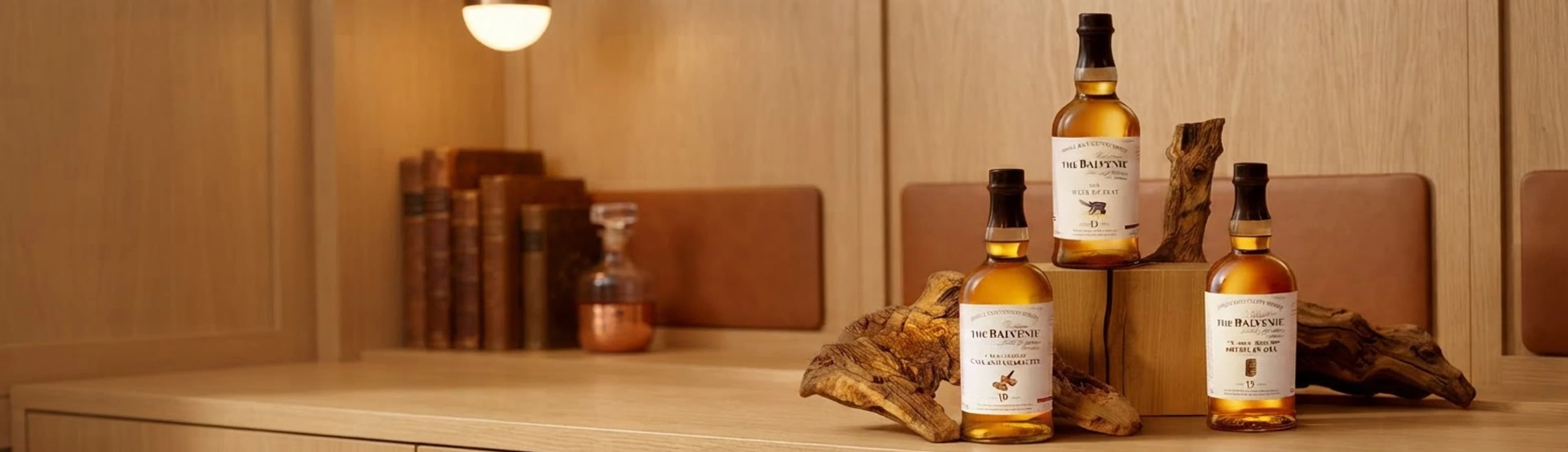 A trio of single-malt bottles on an oak sideboard under a warm lamp